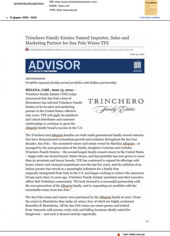  Trinchero Family Estates Named Importer , Sales and Marketing wineindustryadvisor Partner for San Polo Wines TFE